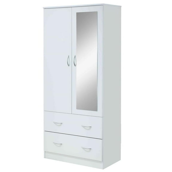Hodedah 2-Door Armoire with 2-Drawers and Clothing Rod plus Mirror in White Wood