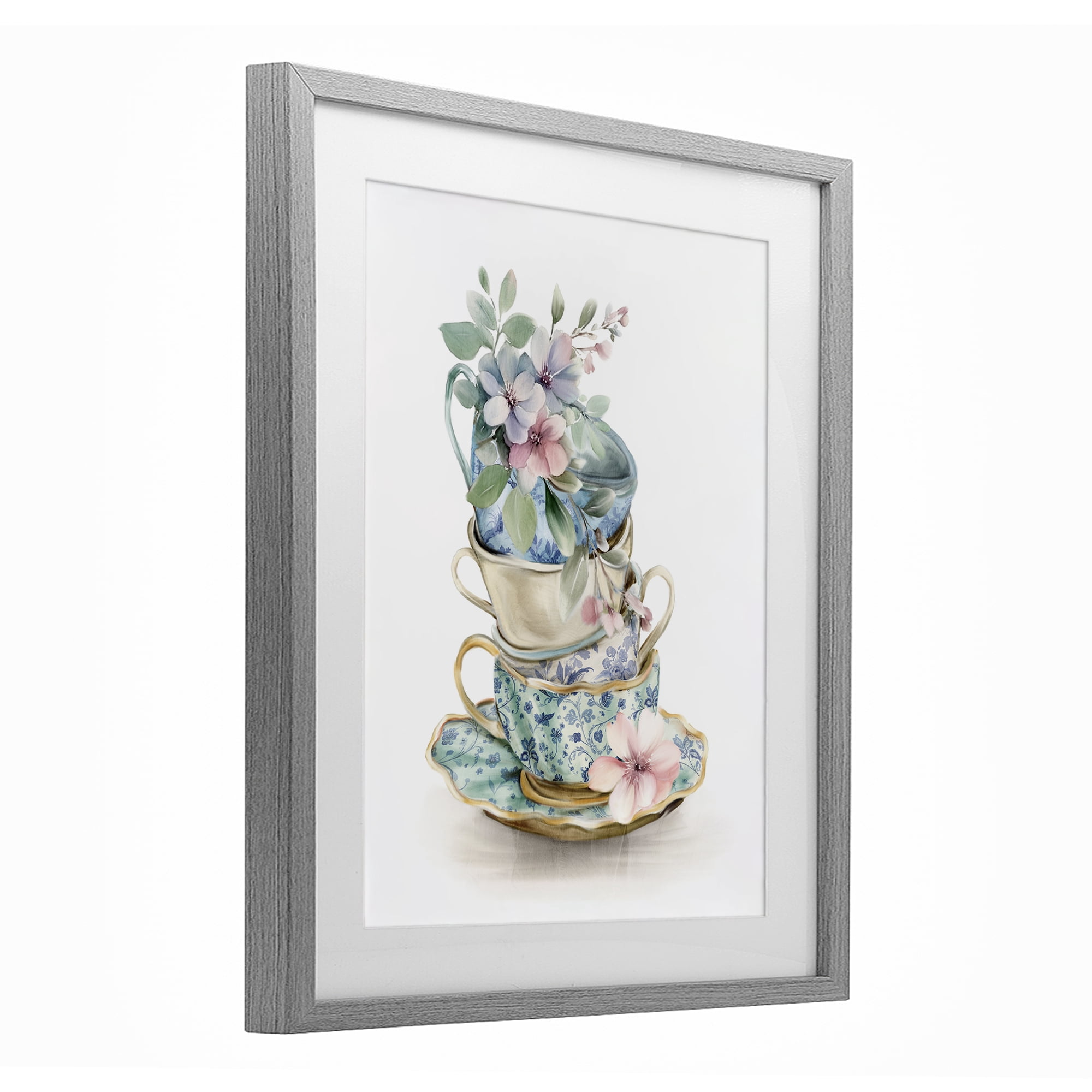 Stupell Industries Floral Teacup Chinoiserie Gray Framed Print Under Glass, design by Kim Allen