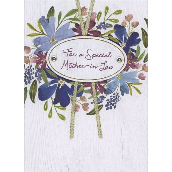 Designer Greetings Special Mother-in-Law White Oval 3D Die Cut Banner, Gold Ribbons and Sequins Over Florals on White Hand Decorated Mother's Day Card