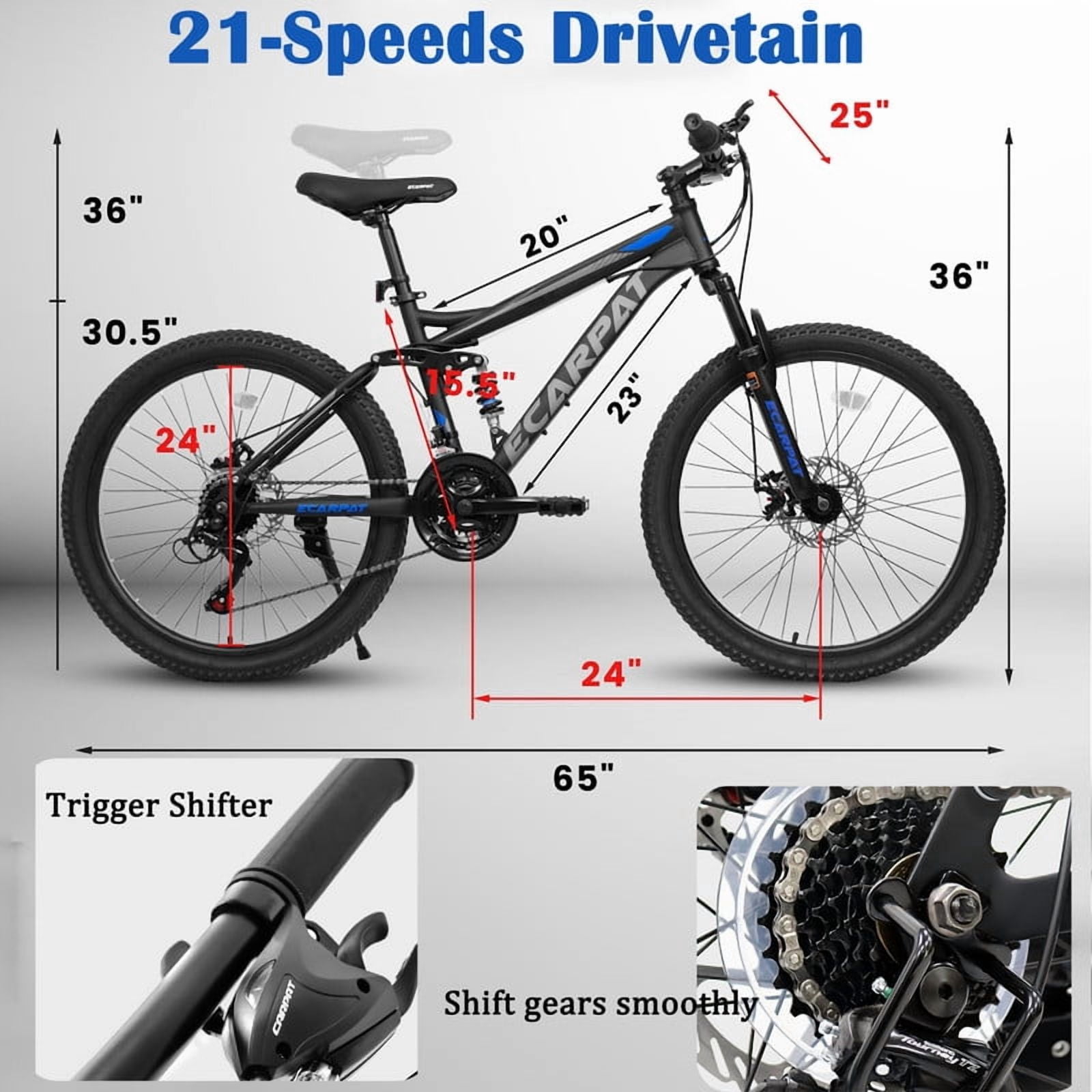 Mountain Bike 24 Inch Wheels, 21 Speed Dual Full Suspension Mountain Bicycle, High Carbon Steel Frame, Mens Womens Mountain Bikes, Birthday Gift Choice(Black)