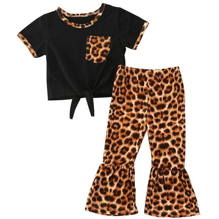 

QIPOPIQ Toddler Girls Outfit Sets Clearance Baby Girls Clothing Short Sleeve Tops Leopard Print Flared Trousers Pants 2PCS