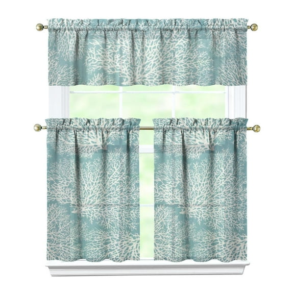 Watercolor Boho Kitchen Curtains 3-Piece Set - Starry Night Design, Semi-Sheer Tier Panels & Valance, Farmhouse Window Treatment Panels