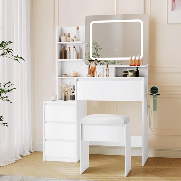 TEQIN Makeup Vanity with LED Mirror and Charging Ports, 4 Drawer Vanity Set with Storage Shelves, Hair Dryer Holder, akeup Vanity Desk with Hidden Storage Stool for Bedroom, Women