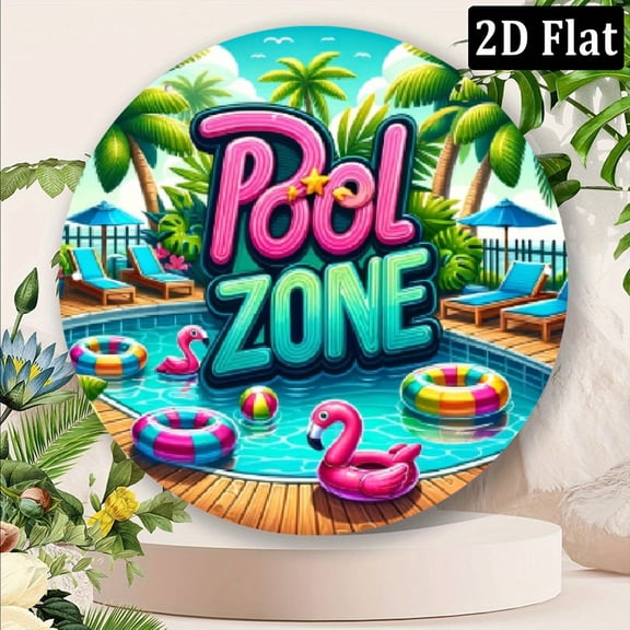 2D Flat, 1pc 8x8 Inch Aluminum Pool Zone Wall Art Decal - Vibrant Tropical Swimming Pool Scene with Fireflamingo Floats, Palm Trees Lounge Chairs - Weather-Resistant IndoorOutdoor Decor