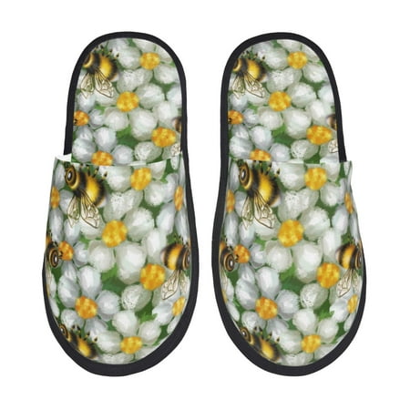 Balery Bees and Flower Slient Indoor Furry Fleece Comfort House Shoes Soft Non-Slip Home Shoes Cotton slippers House Slippers-- Medium