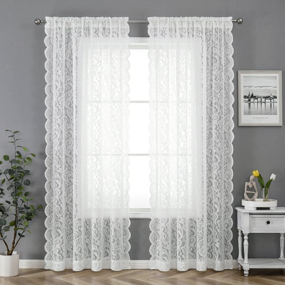 Pinewave Sheer Lace Curtains Vintage Floral for Living Room Sets Rod Pocket,54"Wx84"L,2 Panels,White