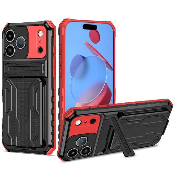 Cutyskin iPhone 17 Pro Max Armor Case with Hidden Card Holder Detachable Wallet Cover, Built-in Kickstand, Camera Lens Protection, Tough Rugged Shockproof Phone Case,Red