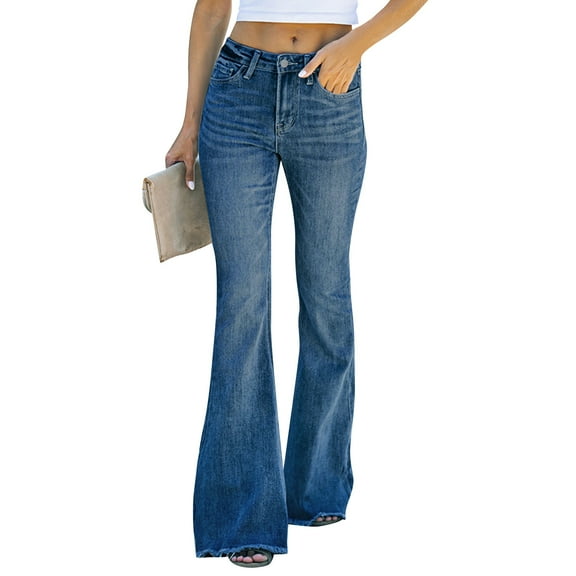 Women's Retro Flared Denim Pants, Slim Fit Stretch Jeans with Vintage Wash & Everyday Versatile Design,Blue L