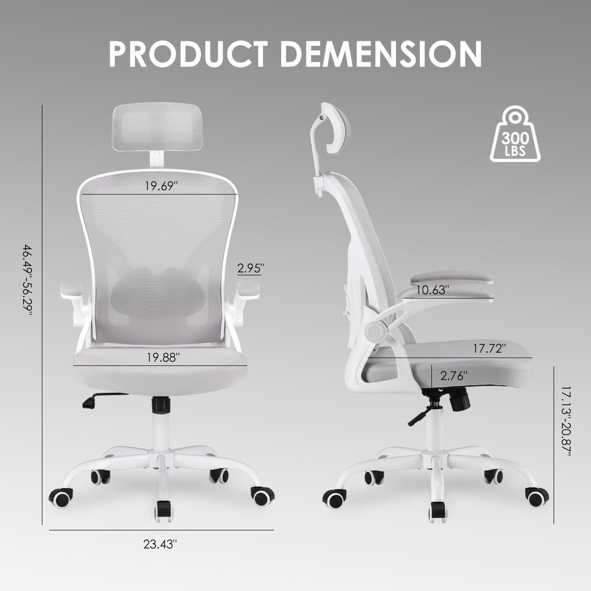 STARY Ergonomic Mesh Office Chair with Headrest, Tall Reclining Computer Chair with Adjustable Lumbar Support and Adjustable Arms for Home Office, White & Gray
