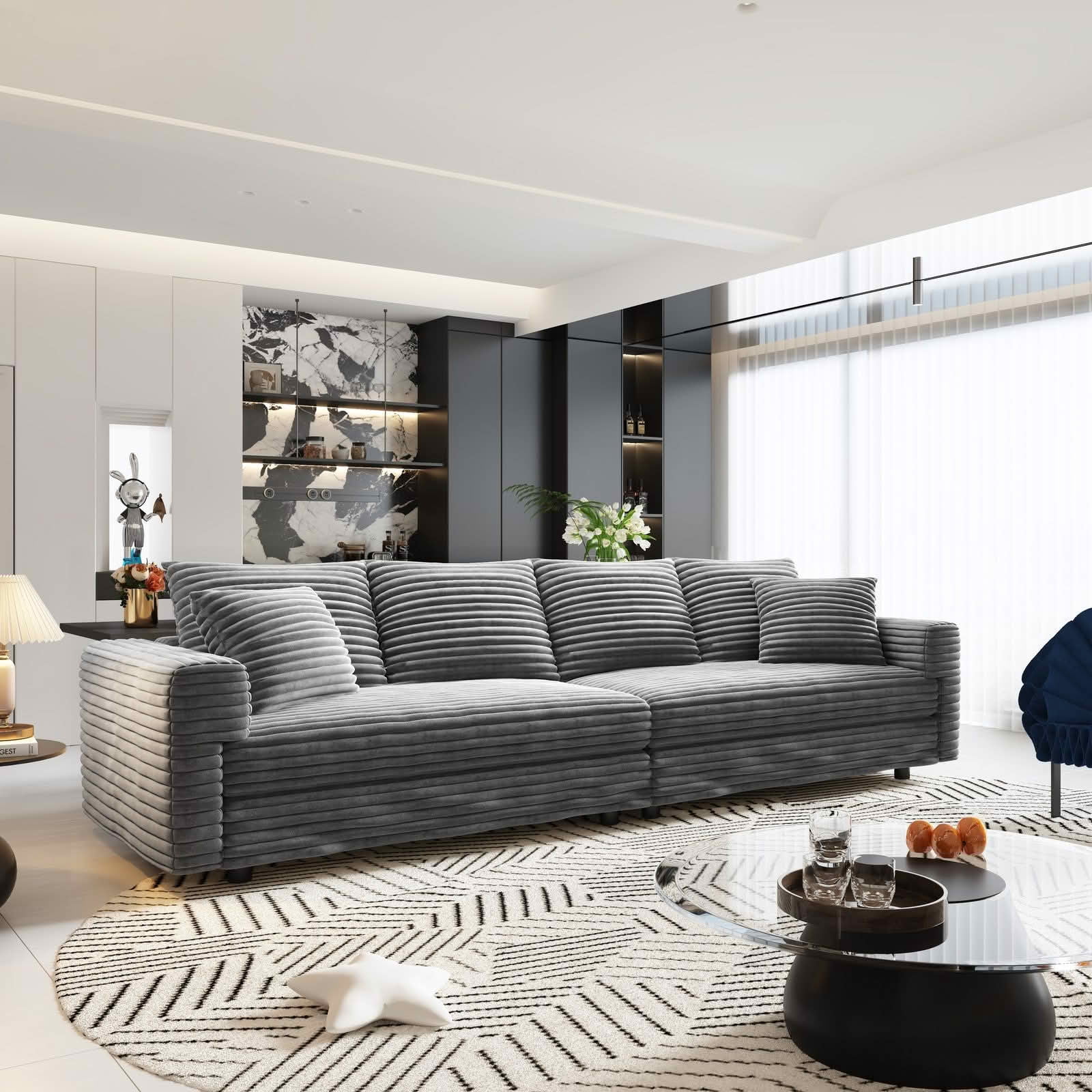MAYEERTY 102.4" Plush Corduroy 4-Seat Cloud Sofa, Modern Comfy Upholstered Deep Seat Couch with Soft Pillows & Movable Ottoman, Convertible Sofa Lounge Chair for Living Room