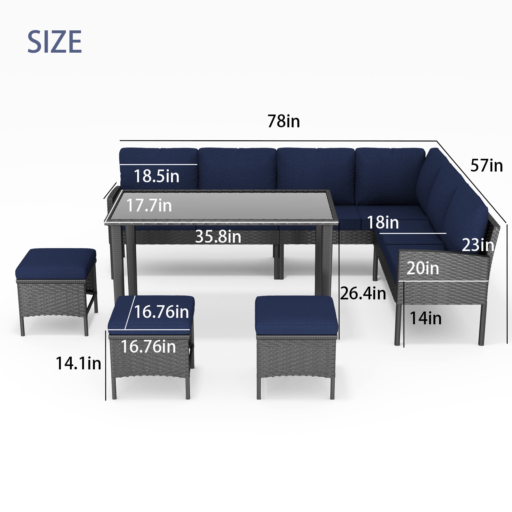 Leumius Patio Furniture Set,7-Piece Outdoor Sectional Sofa with Tempered Glass Table,Rattan Outdoor Conversation Set for Backyard & Porch,Garden,Blue