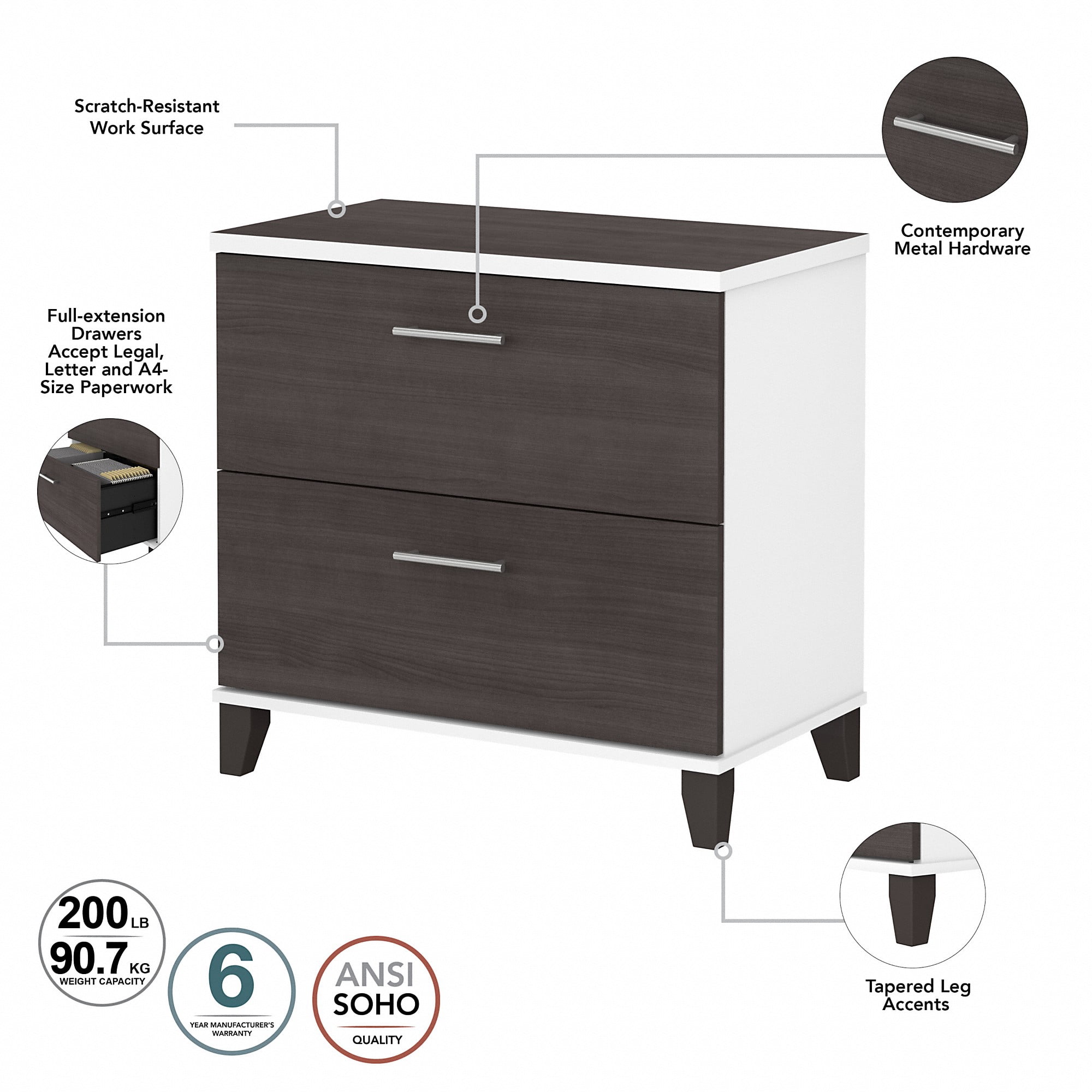 Bush Furniture Somerset Lateral File Cabinet, 2 Drawer, Storm Gray & White