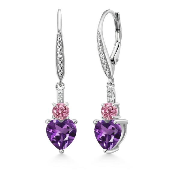 Gem Stone King 925 Sterling Silver Purple Amethyst Pink and White Lab Grown Diamond Drop Dangle Earrings for Women (2.33 Cttw, Heart Shape 7MM, Round 4MM)