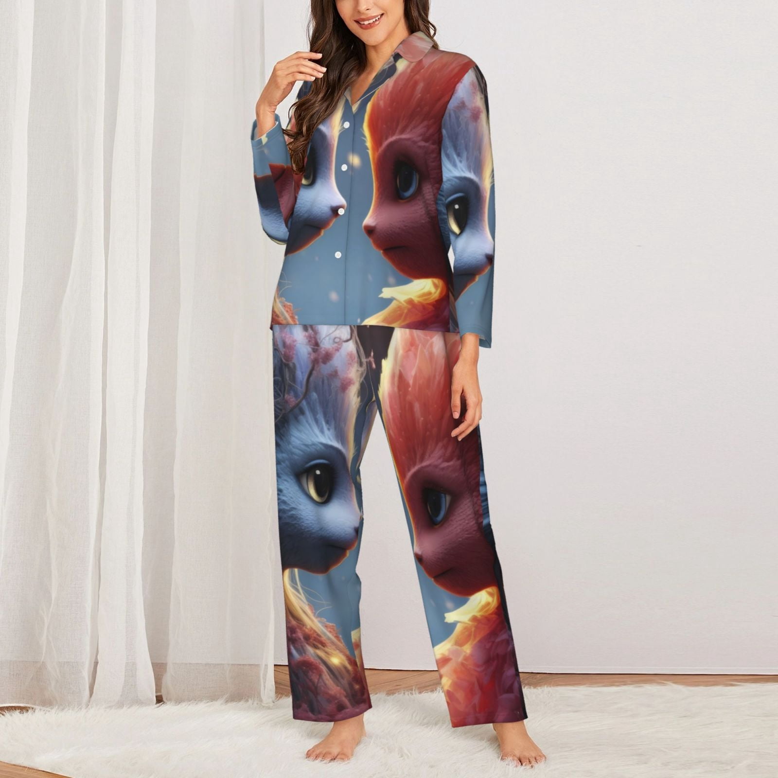 Picia Cute Red And White Elf Pattern Women’s Long-Sleeve Sleepwear Set - Soft 2-Piece Loungewear with Pockets, Comfy PJs for Relaxing Nights-Medium