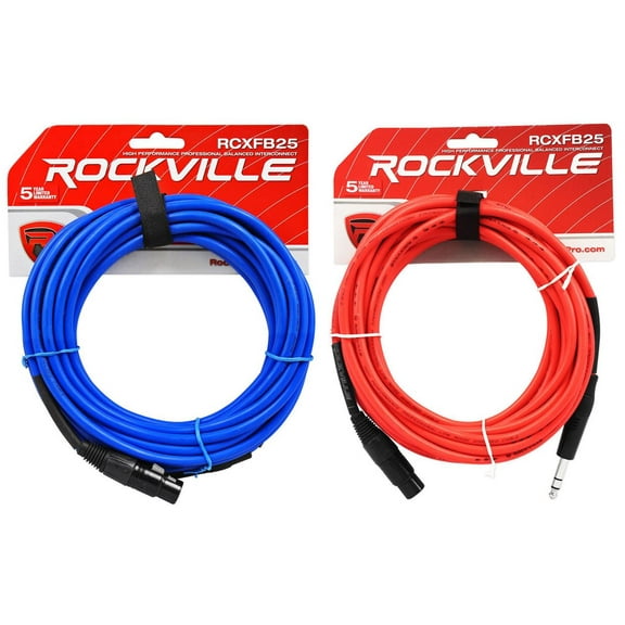 Red and Blue Rockville 25' Female Rean XLR to 1/4'' TRS Balanced Cables OFC