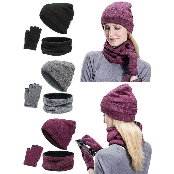 BadPiggies 3 PCS Beanie Hat Scarf Touchscreen Gloves Set for Men and Women, Winter Knit Beanie Gloves Neck Warmer with Warm Fleece Lined (Black)