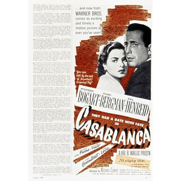 Casablanca 1942 Namerican Magazine Advertisement For The Film Casablanca Starring Ingrid Bergman And Humphrey Bogart 1942 Poster Print By Granger Collection Walmart Com Walmart Com