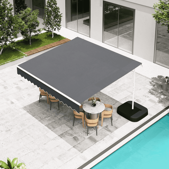 AECOJOY 10x8 ft. Free Standing Retractable Awning with Weighted Base - Single Side Patio Awnings Manual Sun Shade - Dark Grey