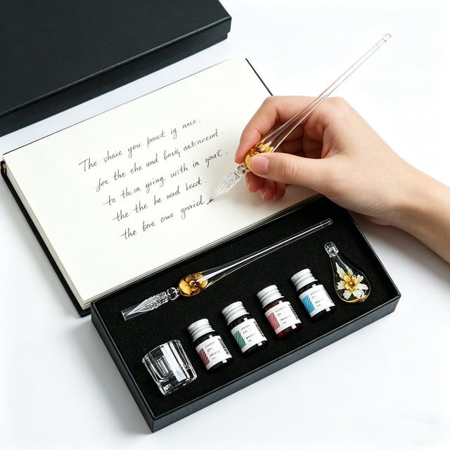 Crystal Glass Dip Pen Set With Ink Bottles, Vintage Calligraphy Writing Pen Kit With Pen Holder Cleaning Cup for Journaling Letter Writing Birthday Holiday Gift