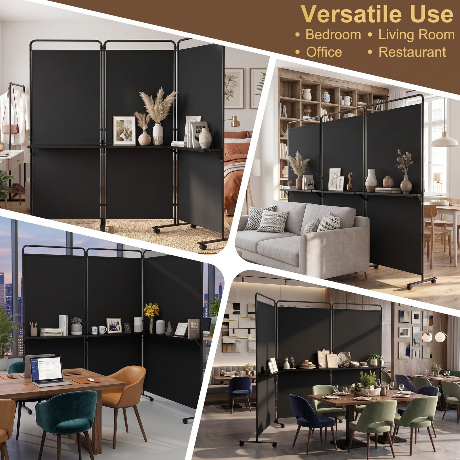 ALPULON 3-Panel Room Divider with 3 Shelves, 6 FT Tall Folding Privacy Screen Freestanding Partition with Lockable Wheels for Living Room Bedroom Office, Black