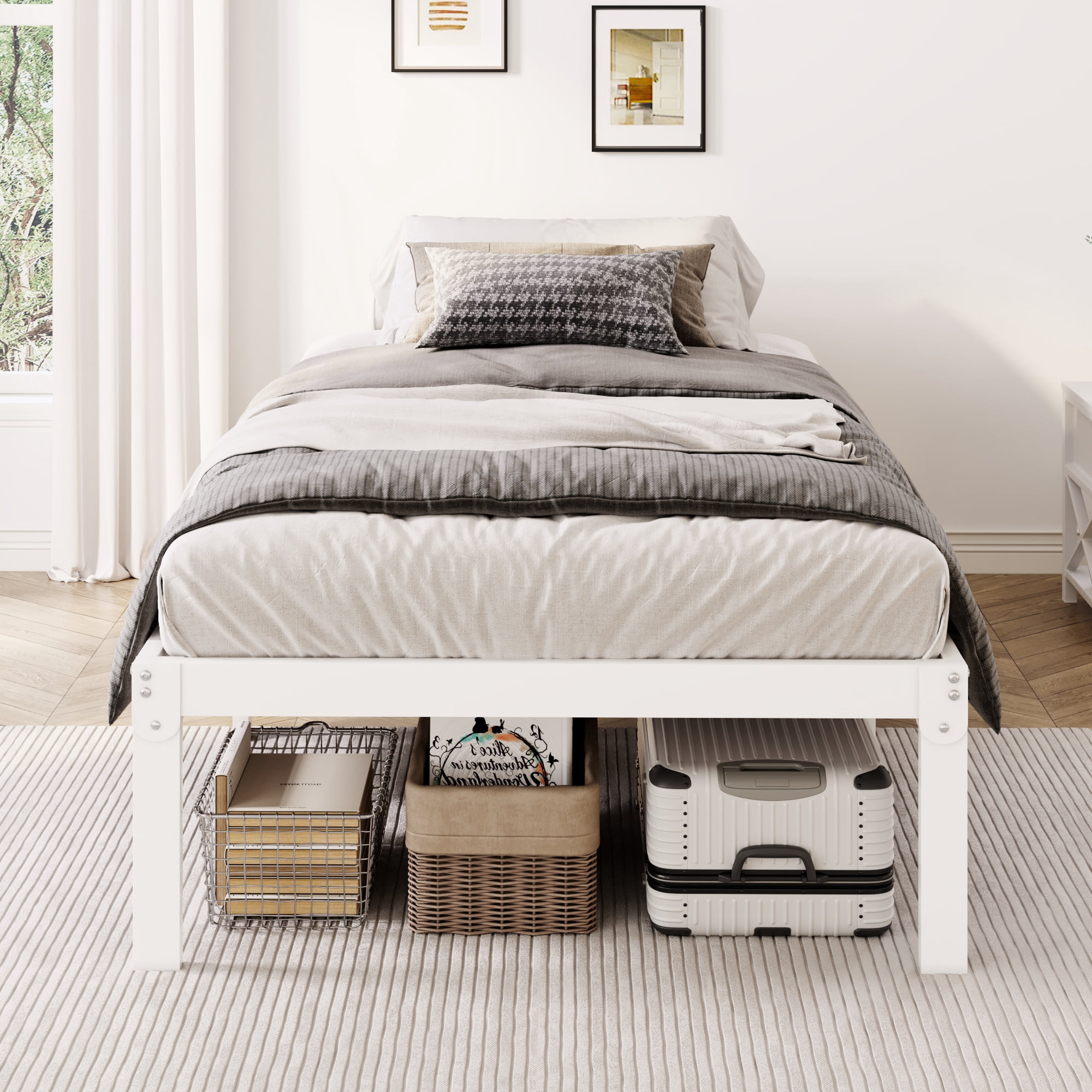 Merrland 12 Inch Twin Size Metal Platform Bed Frame, Heavy-Duty, Under-Bed Storage Space, Easy Assembly, Headboard Compatible, White
