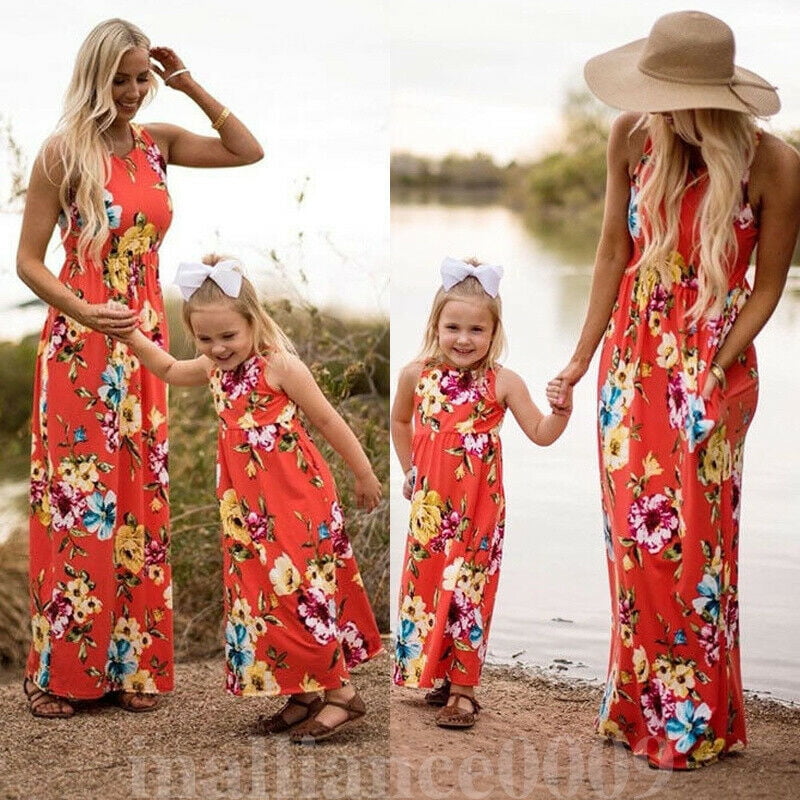 Mother Daughter Summer Dresses Bohemia Floral Printed Short Sleeve Wedding Family Matching Maxi Dress