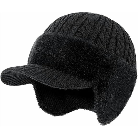 ColdShield Trapper Blocking Knitted Hats, Cozy Head Beanie with Brim & Ear Flaps, for Men Women Cold Weather (Black)