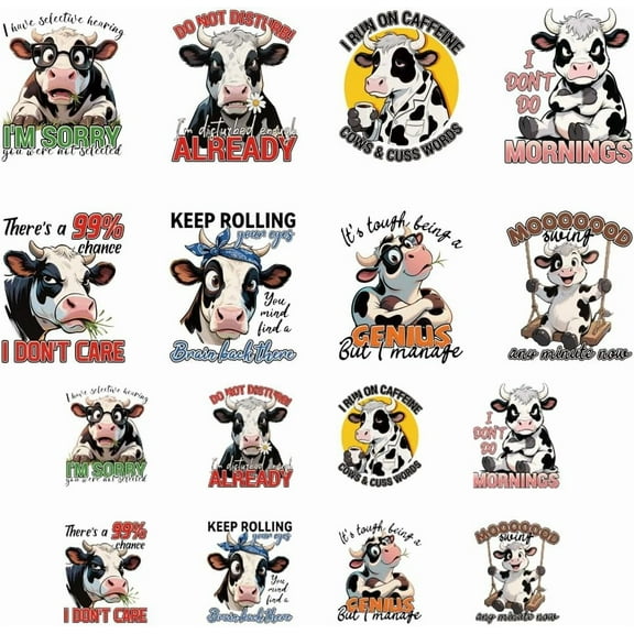 16 Sheets Iron on Transfers for T-Shirts Cow and Sarcastic Phrase DTF Transfers Ready to Press Washable Iron on Decals for Women Girls Clothing Hat Bag Pillow DIY Crafts