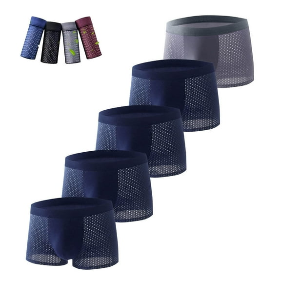 5PC Men's Boxer Briefs - 100% Polyester, Perforated Breathable, Blue, Size L, Durable Quick-Drying, Comfortable Underwear