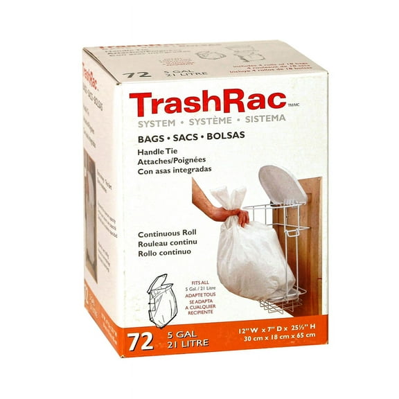 1 Pc, Trashrac 5 Gal Trash Bags Handle Tie 72 Pk 0.7 Mil