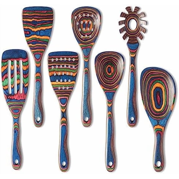 Pakkawood 7-Piece Blue Wooden Cooking Utensils - Wooden Spoons, Kitchen Utensil Set, Non-Stick Spoons