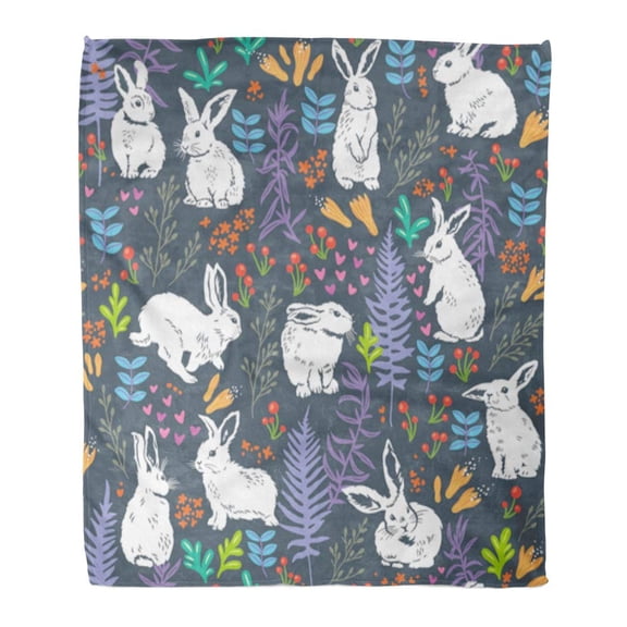 SIDONKU Throw Blanket 50x60 Inches Bunny Floral Pattern with White Bunnies Easter Vintage Rabbit Silhouette Warm Flannel Soft Blanket for Couch Sofa Bed