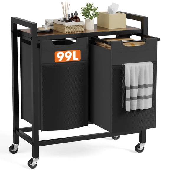 Gianna Laundry Hamper with 2 Pull-Out Removable Sorter Bags, Wheels, Freestanding Clothes Basket Organizer, 2 x 13.1 Gal (99L)