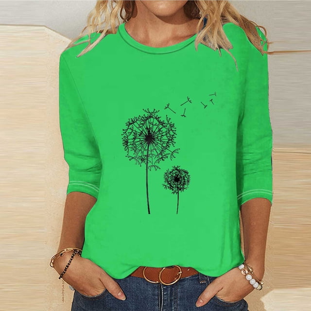 Pntutb T-Shirt Imprimé Mode Femme Manches Longues Manches 3/4 Chemisier Col Rond Tops Décontractés Rollback