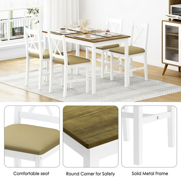 Soges Dining Table Set for 4 Pine Wood Kitchen Table Set with 4 PU Upholstered Chairs Kitchen Table Sets with Chairs for Small Space Apartment