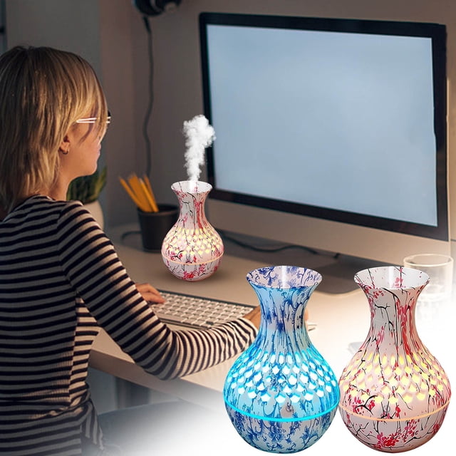 Humidificador de jarrón de porcelana azul y blanco - Mini humidificador de aire de sobremesa con aromaterapia, luces LED de colores, alimentación USB y funcionamiento silencioso