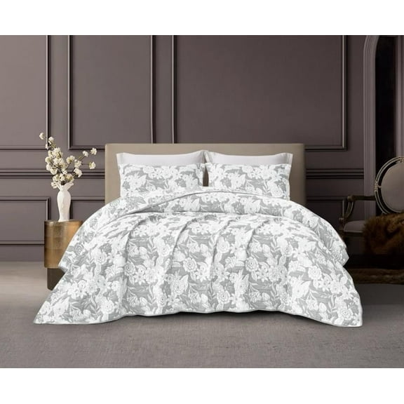 CHARLOTTE FLOWERS LIGHT GRAY COLOR DECORATIVE BEDSPREAD SET 3 PCS QUEEN SIZE
