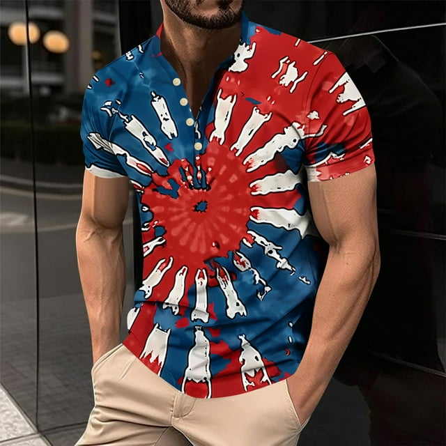 Blusas y camisas de manga corta y cuello redondo para hombre. Blusas casuales de manga corta y cuello redondo con botones y estampado del Día de la Independencia para hombre.