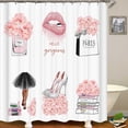 thumbnail image 3 of 4PCS Gold Glitter Hello Gorgeous Shower Curtain Sets, Watercolor Pink Floral Black and White Striped Perfume Makeup Modern Fashion Women Bathroom Decor, Non-Slip Bath Mat Toilet Rug, Hibiscus, 3 of 7