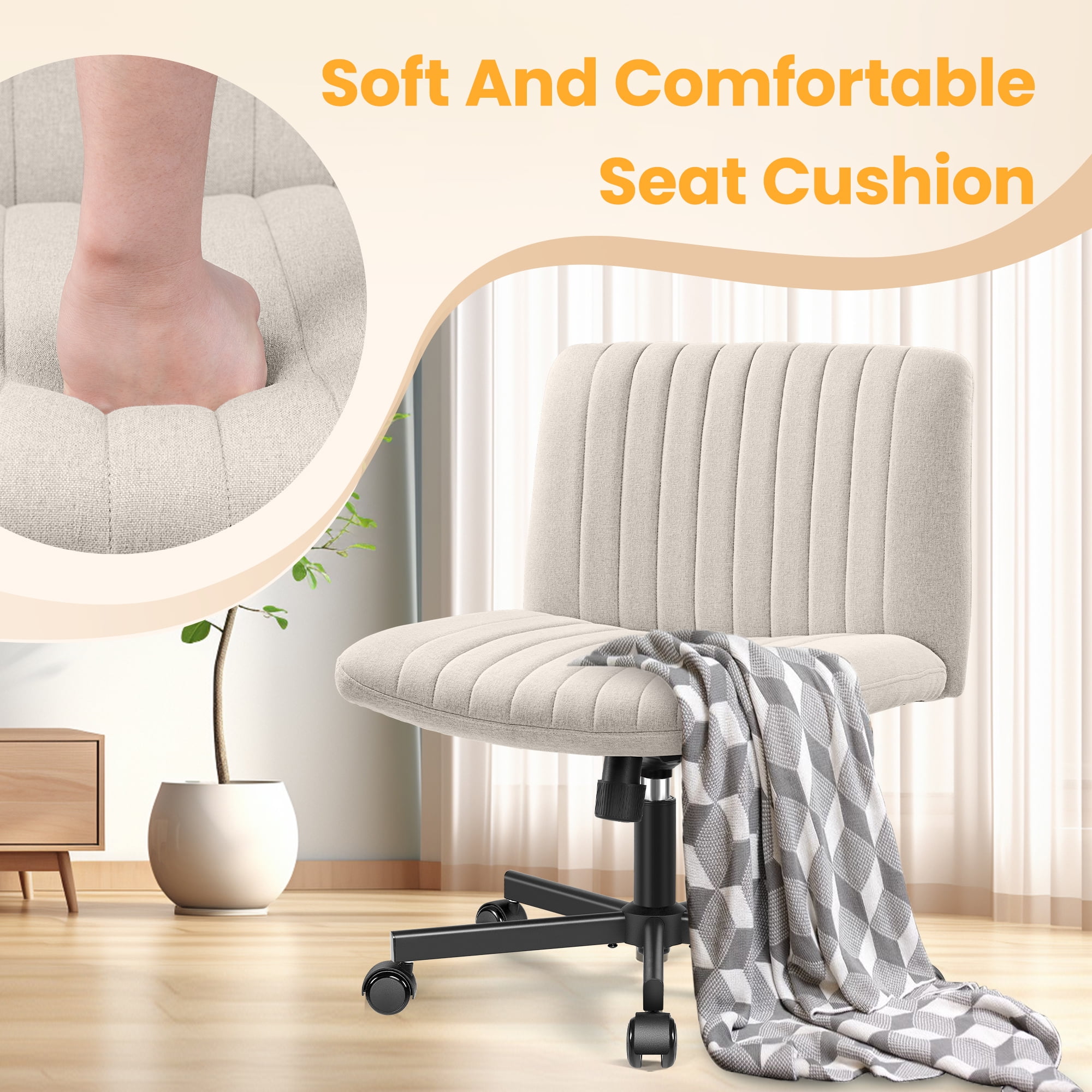 COOLHUT Office Chair Armless Criss Cross Legged Chair with Wheels, Linen Fabric Comfy Home Office Desk Chairs, Wide Seat Vanity Task Computer Chair, Beige