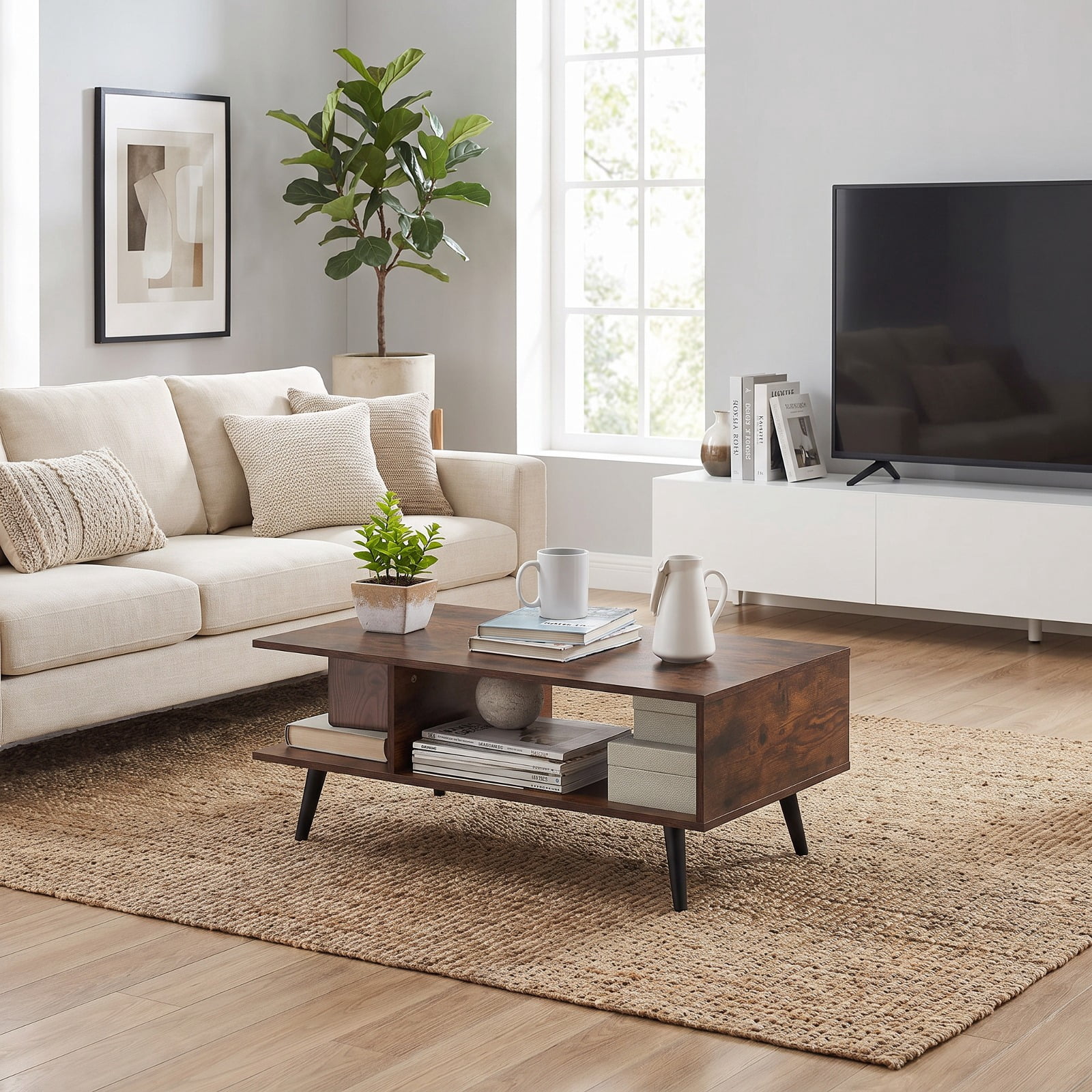 Furnibear Mid Century Modern 2-Tier Rectangle Coffee Table with Two Open Compartments and Tapered Metal Legs for Living Room, Rustic Brown