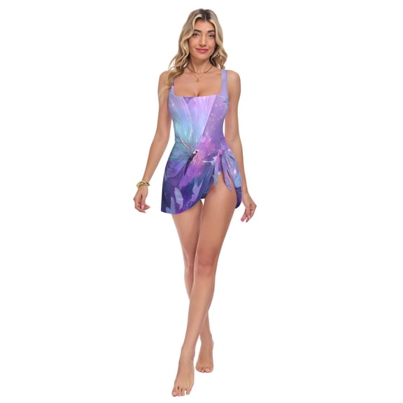 Womens Color Butterfly Print 2-in-1 Swim Dress Detachable Skirt One-Piece Swimsuit Square Neck S-XXL