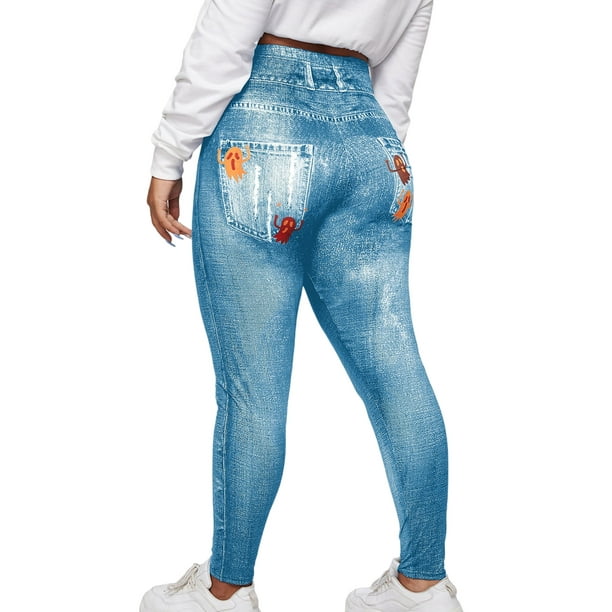 Fashnice Women Fake Jeans Floral Print Plus Size Leggings Tummy Control  Oversized Faux Denim Pant Stretch Sport Jeggings Blue 3XL 