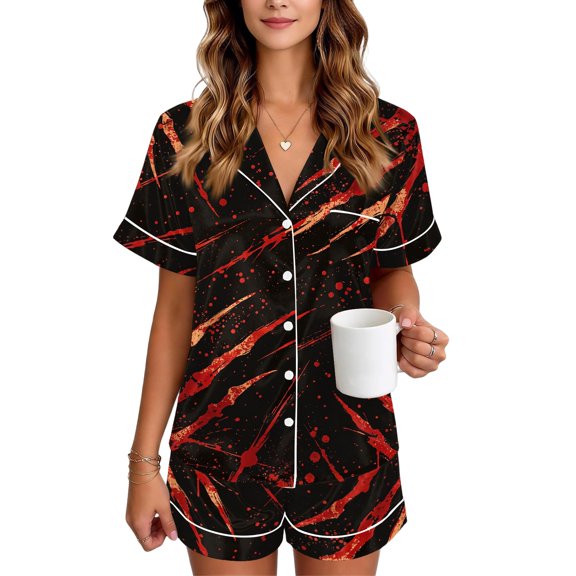 JULMCOMO Halloween Pajamas for Women Set Blood Print Collared Button Party Matching Sets Funny Printed Elastic Waist Holiday Shorts Black M
