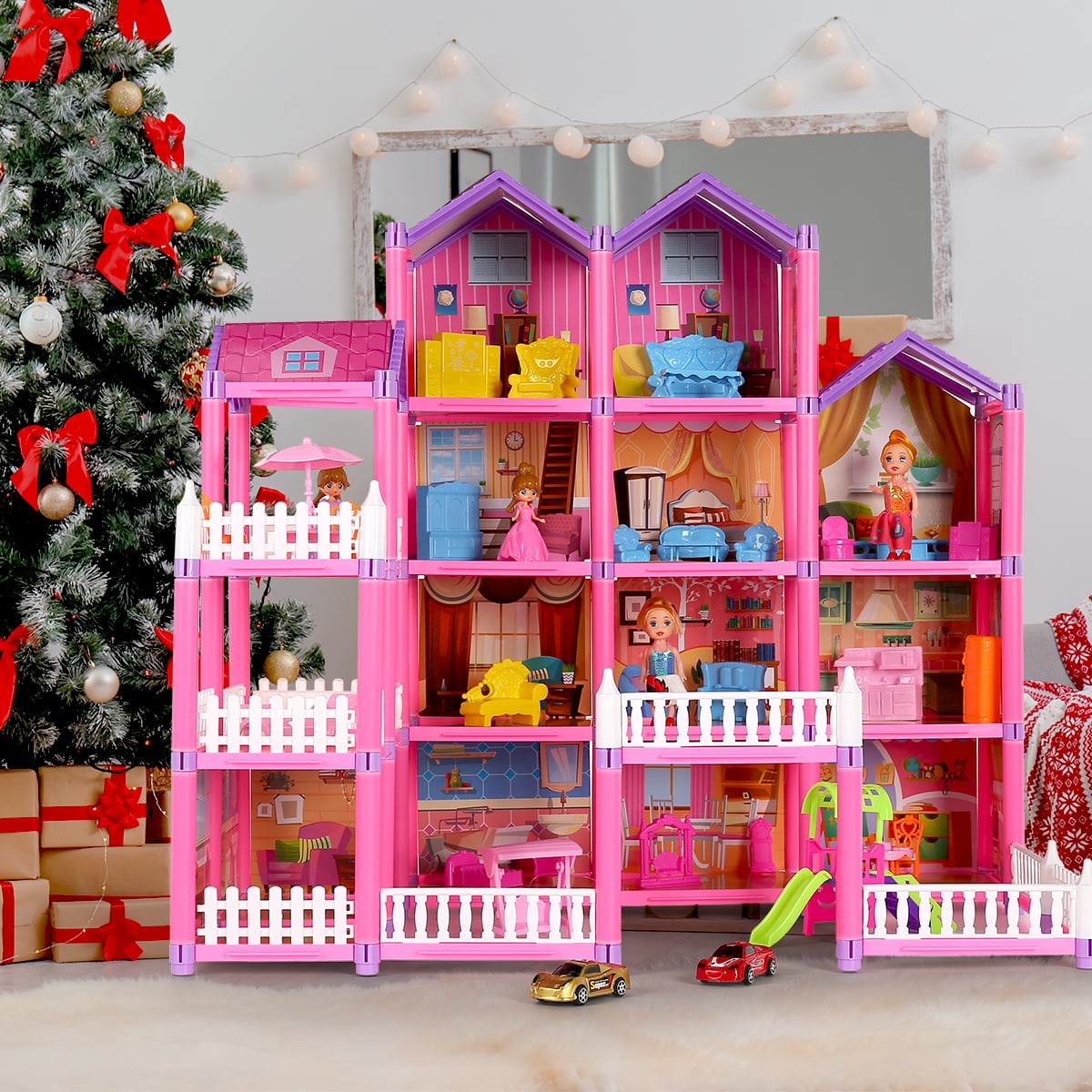 JoyStone DollHouse with Colorful Light, Pretend Play Toddler Doll House  Furniture Sets with 2 Dolls, 4 Rooms DIY Dreamhouse , Creative Gift for  Girls 