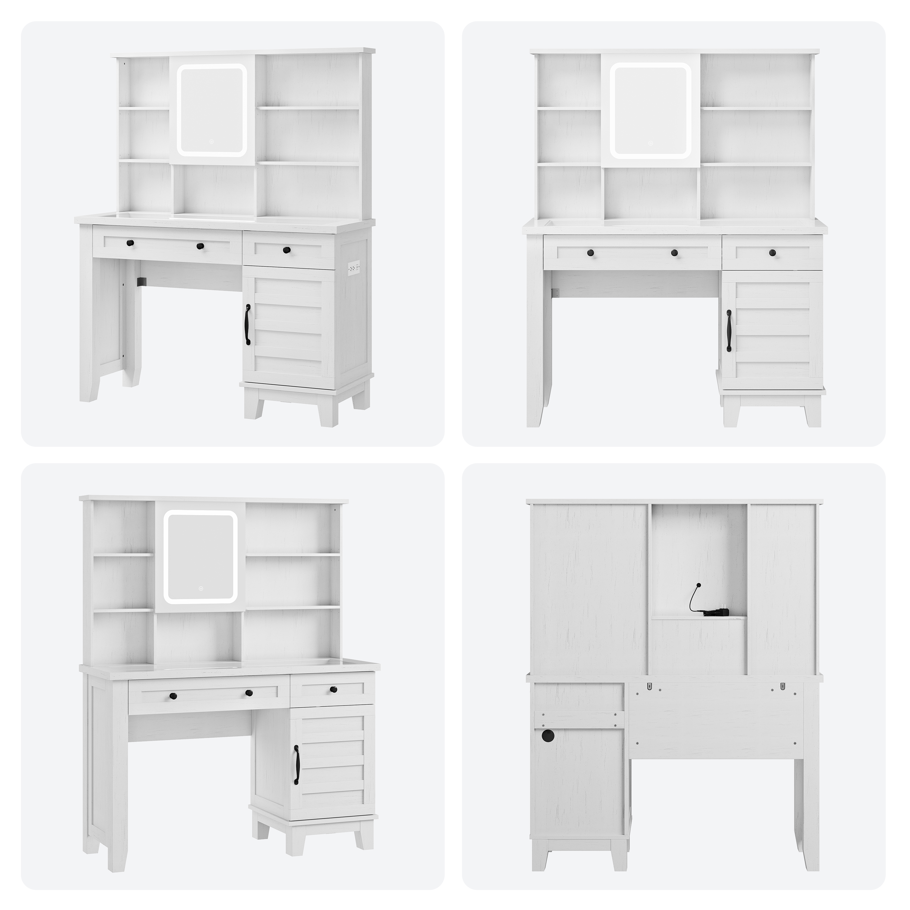 Modern White Makeup Vanity Desk with Lighted Mirror, Glass Tabletop, Charging Station, Drawers, Cabinet, Open Shelves, Upholstered Stool – Large Storage Dressing Table – White