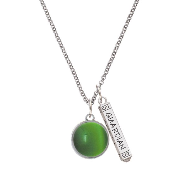 Delight Jewelry Silvertone Round - Imitation Cat's Eye - Green - Silvertone Guardian Angel Bar Charm Necklace, 23"