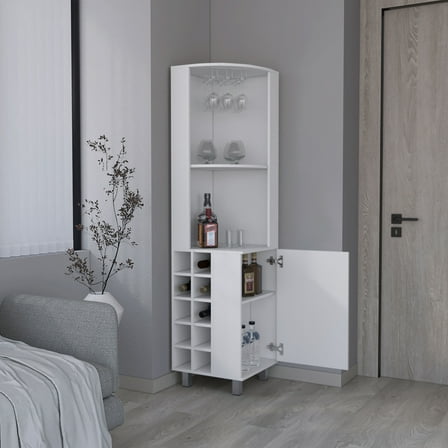 YIYADO Corner Bar Cabinet with Single Door, 10-Bottle Wine Rack & Dual Shelves, White