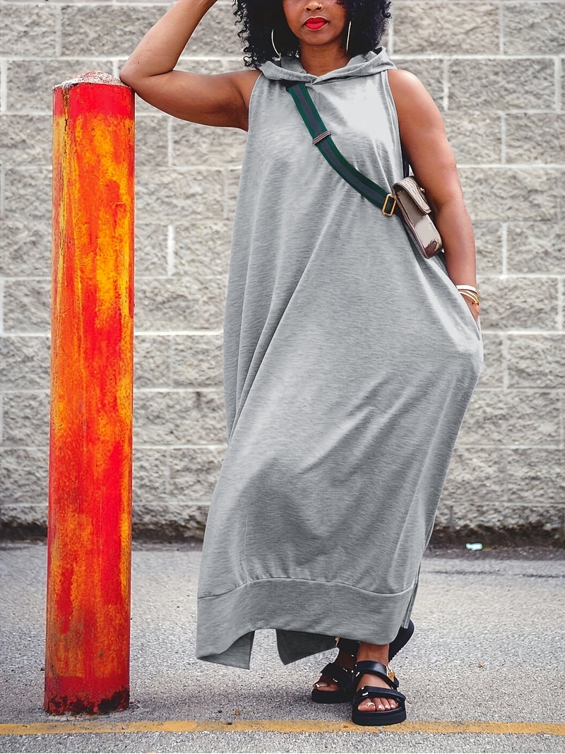 Women's Oversize Tshirt Dress Women Summer Sleeveless Maxi Dress with Pockets Hooded T-shirt Casual Dress Royal Blue M