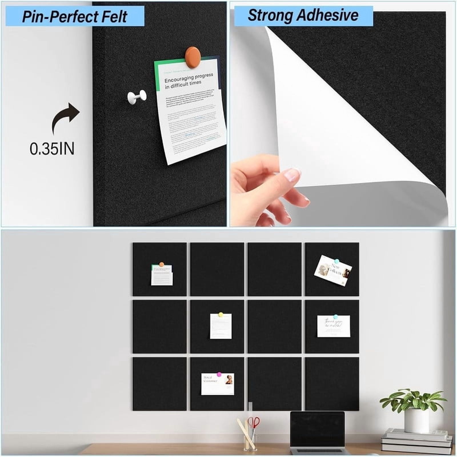 Easy4Home Large Cork Board for Wall 36"x24" Self Adhesive Bulletin Pin Board, 6 Pack Felt Wall Tiles, Black